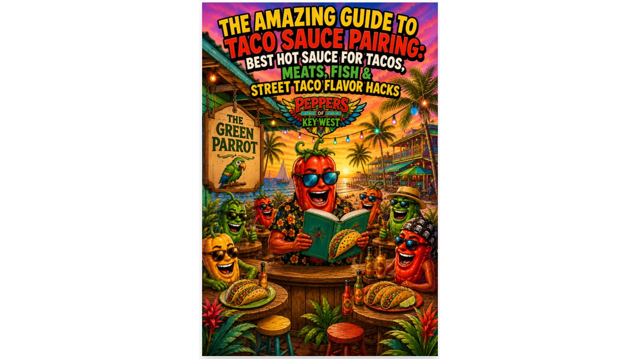 Colorful taco sauce pairing guide artwork featuring spicy taco flavors, hot sauces, meats, seafood tacos, and tropical Peppers of Key West branding