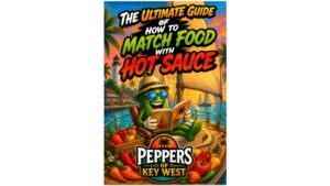 ultimate guide how to match food with hot sauce featuring tropical peppers of key west scene with green pepper on sailboat and colorful chili peppers pairing food with hot sauce