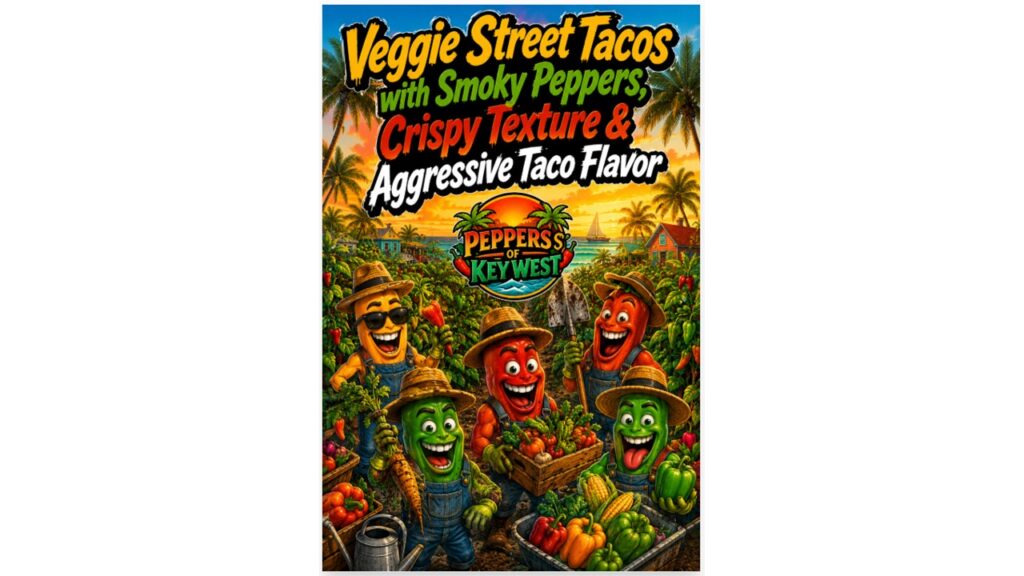 Veggie street tacos loaded with smoky peppers, crispy vegetables and spicy hot sauce on warm corn tortillas