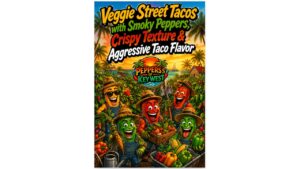 Veggie street tacos loaded with smoky peppers, crispy vegetables and spicy hot sauce on warm corn tortillas