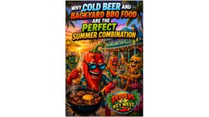 Cold beer and backyard BBQ food with burgers, grilled chicken, hot dogs, smoky BBQ flavor, and summer cookout foods