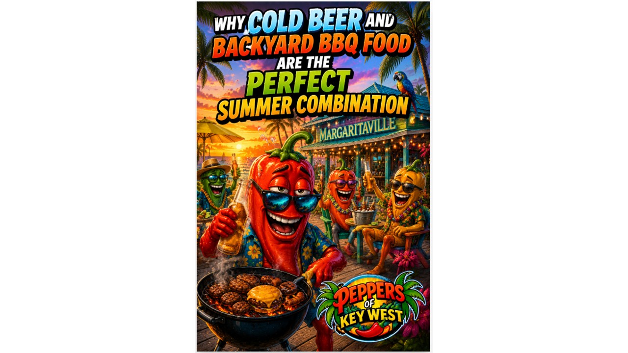 Cold beer and backyard BBQ food with burgers, grilled chicken, hot dogs, smoky BBQ flavor, and summer cookout foods