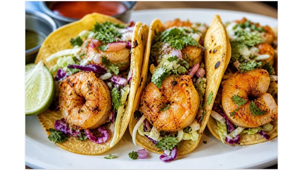 shrimp tacos with grilled shrimp cabbage and cilantro on corn tortillas
