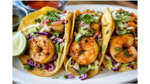 shrimp tacos with grilled shrimp cabbage and cilantro on corn tortillas