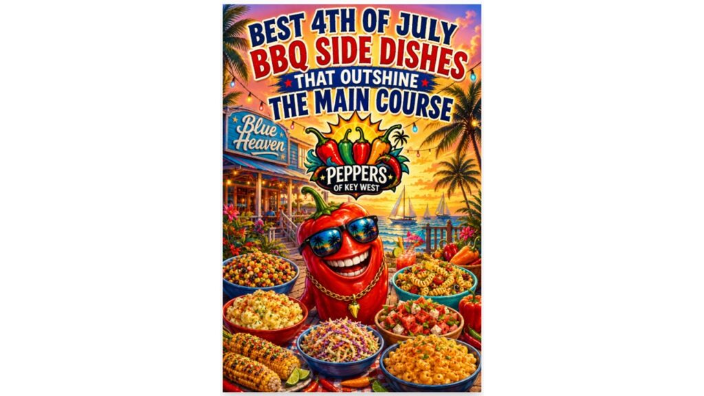 Funny red chili pepper mascot wearing sunglasses in front of Blue Heaven in Key West with a table full of colorful 4th of July BBQ side dishes, tropical palm trees, sunset sky, and Peppers of Key West branding.
