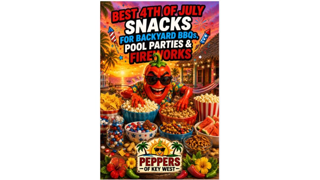 Fourth of July snack table filled with peanuts, popcorn, candy, chips, dips, fresh fruit, and party snacks for a backyard barbecue and fireworks celebration.