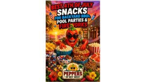 Fourth of July snack table filled with peanuts, popcorn, candy, chips, dips, fresh fruit, and party snacks for a backyard barbecue and fireworks celebration.