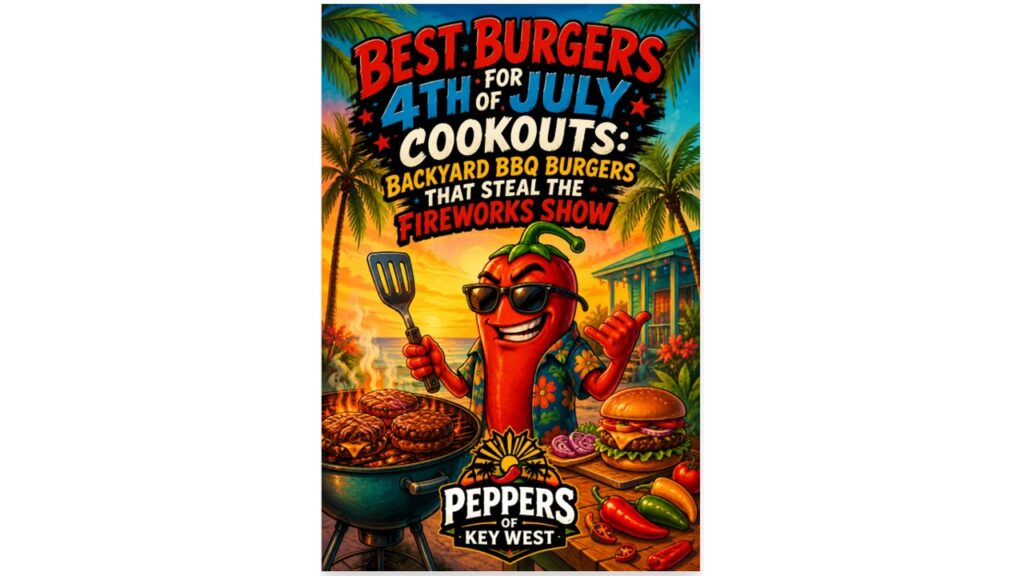 Juicy 4th of July backyard BBQ burgers topped with melted cheese, crispy bacon, fresh toppings, and bold hot sauce served fresh off the grill during an Independence Day cookout