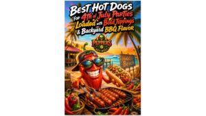 Loaded Fourth of July hot dogs topped with bacon, chili, cheddar cheese, jalapeños, onions, and hot sauce served at a backyard BBQ party with American flags and summer cookout sides.