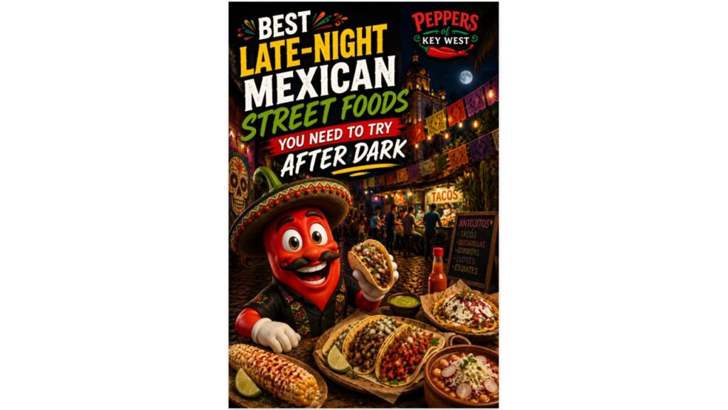 Colorful late-night Mexican street food market featuring tacos, elote, and a smiling pepper mascot under festive lights.