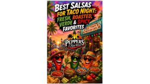 Colorful taco night salsa bar featuring fresh pico de gallo, salsa verde, roasted salsa roja, spicy salsa, tortilla chips, tacos, and hot sauces