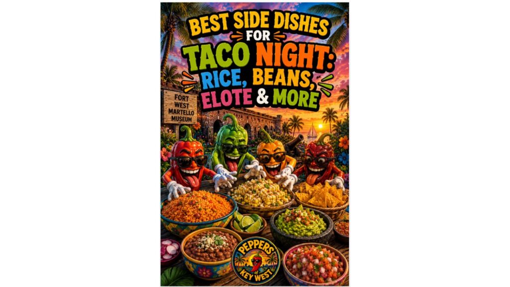 Taco night side dishes including Mexican rice, refried beans, elote, chips and salsa, guacamole, and fresh toppings arranged beside tacos and hot sauce