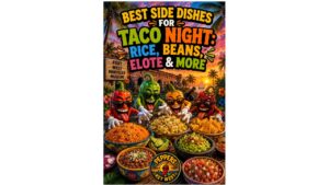 Taco night side dishes including Mexican rice, refried beans, elote, chips and salsa, guacamole, and fresh toppings arranged beside tacos and hot sauce