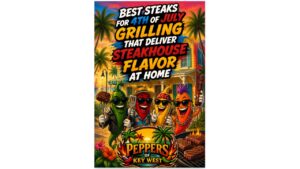 Perfectly grilled steaks with steakhouse-quality flavor cooking on a backyard grill during a Fourth of July cookout.