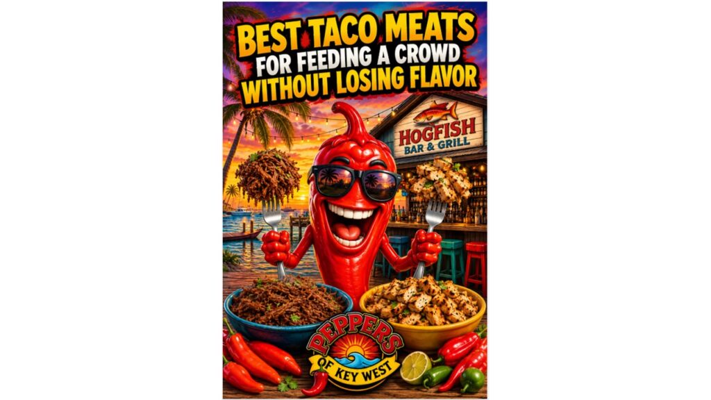 Funny pepper mascot holding tacos beside a taco bar loaded with shredded beef, chicken, carnitas, and toppings at a tropical Key West restaurant during taco night.