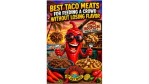 Funny pepper mascot holding tacos beside a taco bar loaded with shredded beef, chicken, carnitas, and toppings at a tropical Key West restaurant during taco night.