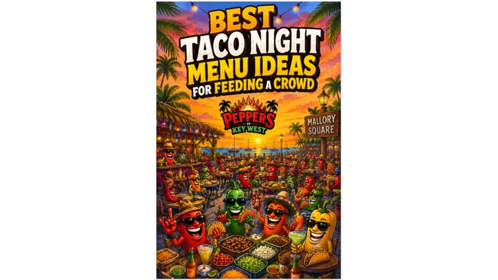Funny red pepper mascot standing beside a large taco night buffet with taco meats, toppings, side dishes, drinks, and hot sauces at a tropical Key West outdoor party.