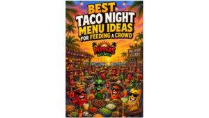 Funny red pepper mascot standing beside a large taco night buffet with taco meats, toppings, side dishes, drinks, and hot sauces at a tropical Key West outdoor party.