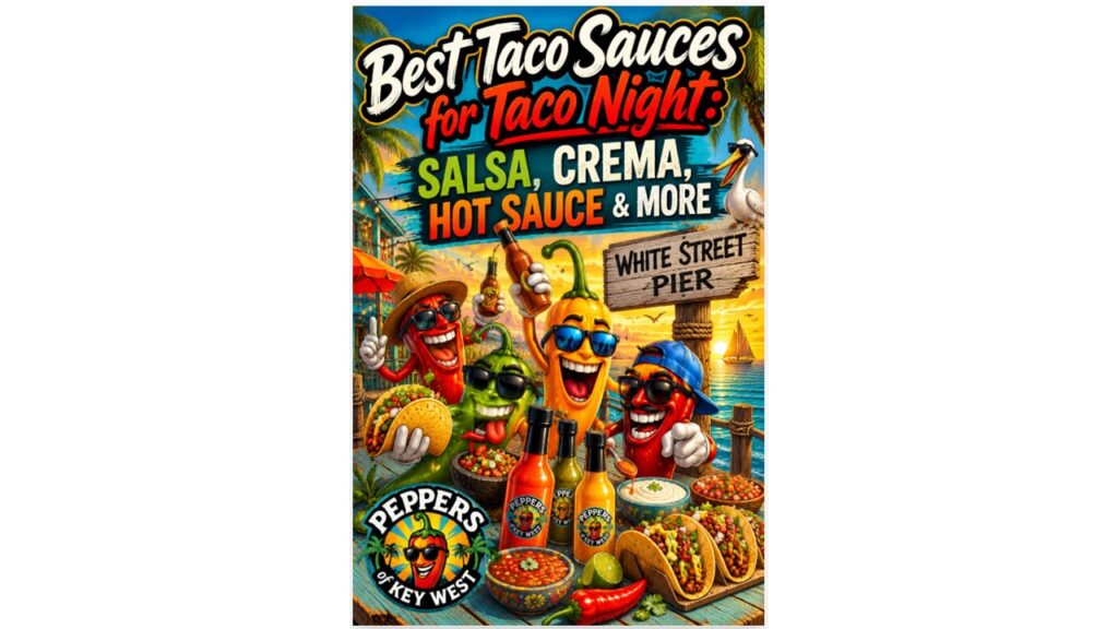 Taco night sauce bar featuring salsa verde, roasted salsa, crema, queso, hot sauces, tacos, and fresh toppings for the ultimate taco spread