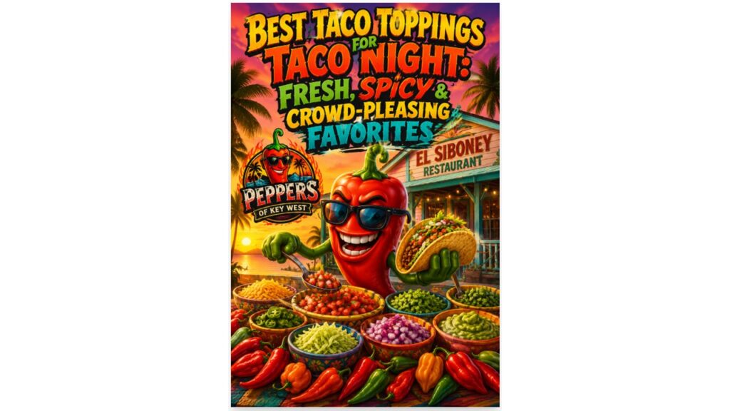 Funny pepper mascot holding an open taco and scooping fresh toppings from colorful bowls in front of El Siboney Restaurant in Key West, surrounded by palm trees, tropical sunset skies, chili peppers, and Peppers of Key West branding.