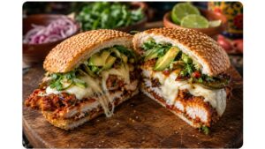 Close-up of a Puebla cemita filled with crispy milanesa, Oaxaca cheese, avocado, papalo, and chipotle.