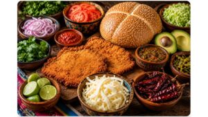 Fresh cemita ingredients arranged with sesame bread, milanesa, Oaxaca cheese, avocado, papalo, onions, and salsa.
