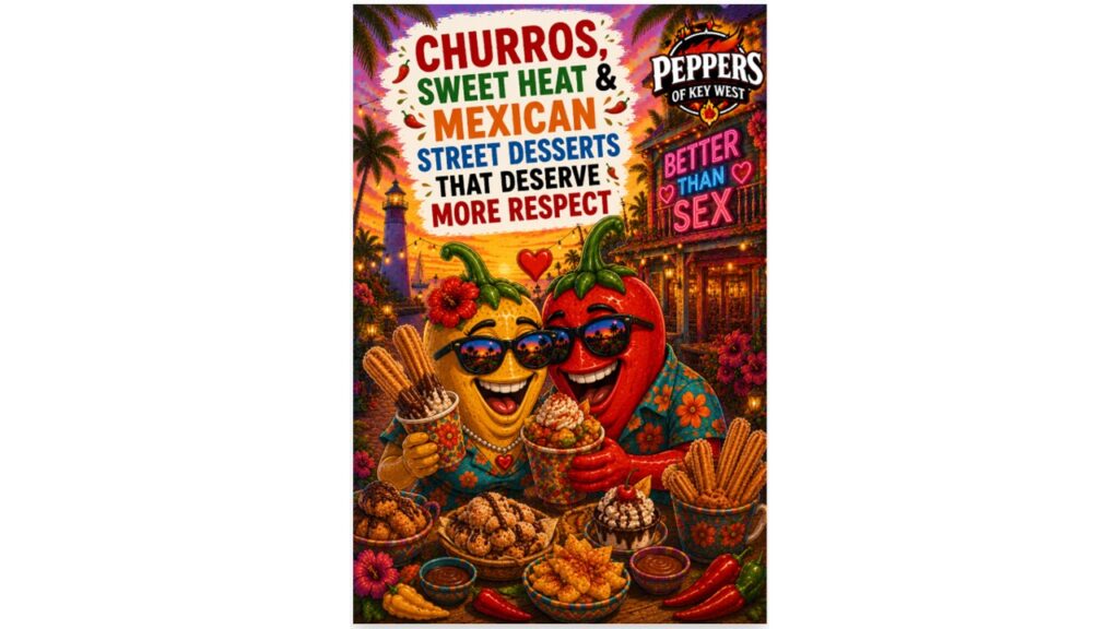 Mexican street desserts featuring churros, fried sweet treats, cinnamon sugar pastries, chocolate dipping sauces, and sweet heat flavor combinations inspired by authentic street food