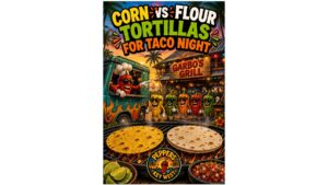 Corn and flour tortillas served side by side with tacos, fresh toppings, salsa, and hot sauce for taco night comparison