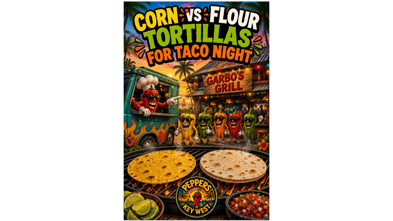 Corn and flour tortillas served side by side with tacos, fresh toppings, salsa, and hot sauce for taco night comparison