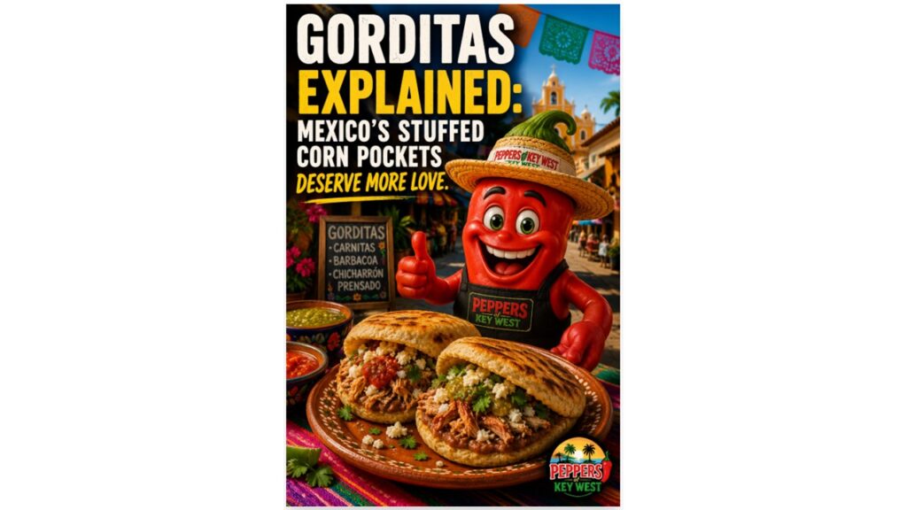 Authentic Mexican gorditas stuffed with carnitas, queso fresco, cilantro, onions, and fresh salsa at a colorful street market.