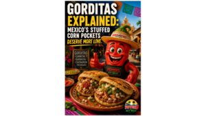 Authentic Mexican gorditas stuffed with carnitas, queso fresco, cilantro, onions, and fresh salsa at a colorful street market.