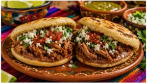 Freshly cooked gorditas filled with carnitas, refried beans, queso fresco, cilantro, onions, and salsa roja.