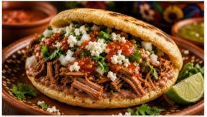 Close-up of a loaded carnitas gordita topped with salsa, queso fresco, cilantro, onions, and hot sauce.