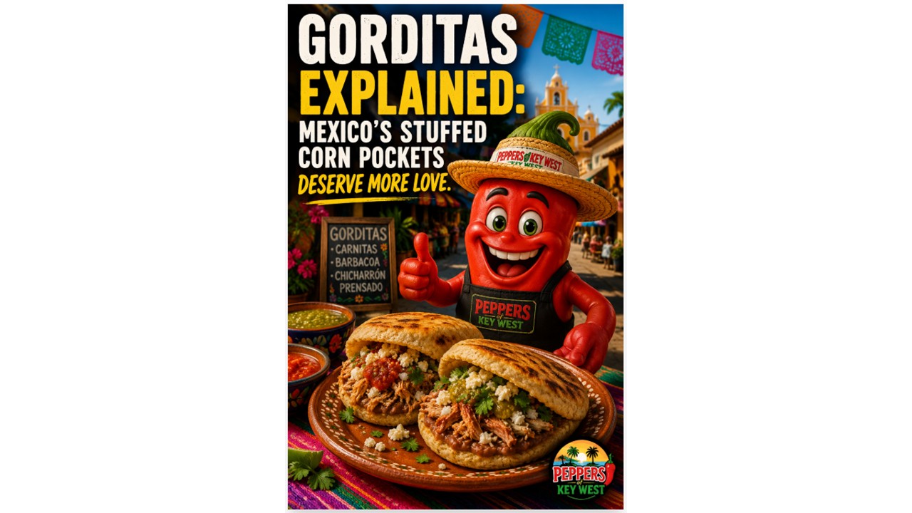 Authentic Mexican gorditas stuffed with carnitas, queso fresco, cilantro, onions, and fresh salsa at a colorful street market.