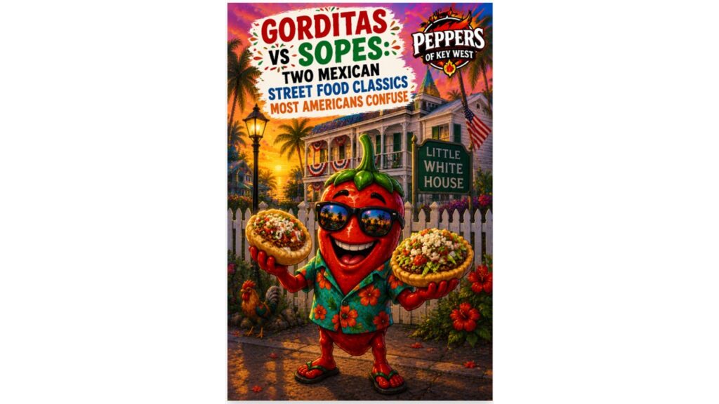 Gorditas and sopes served with authentic Mexican toppings, fresh ingredients, and hot sauce, highlighting two classic Mexican street food favorites often confused by first-time visitors