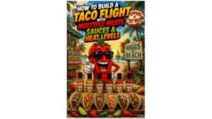 Taco flight featuring multiple meats, hot sauces, fresh toppings and heat levels arranged for a taco tasting experience