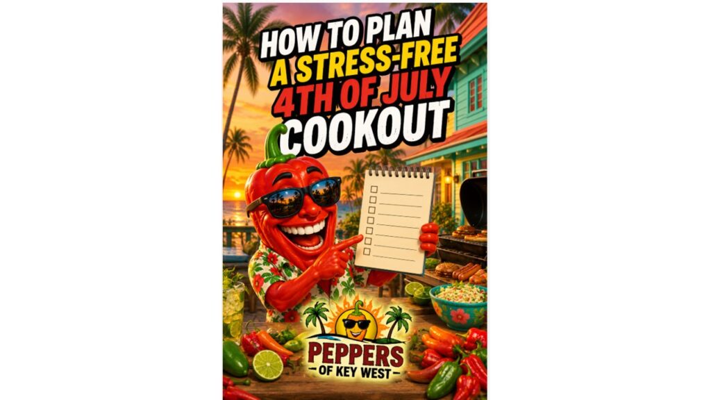 Backyard Fourth of July cookout setup featuring burgers, hot dogs, side dishes, drinks, and grilling essentials prepared for a stress-free holiday barbecue.