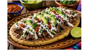Freshly grilled carne asada huarache topped with crema, queso fresco, avocado, onions, and salsa roja.