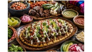 Colorful Mexican huarache platter served with grilled meats, fresh salsa, lime wedges, roasted peppers, and avocado.