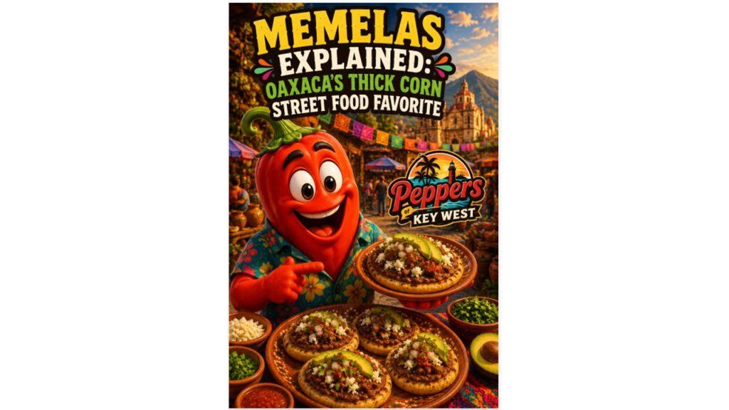 Funny red pepper mascot holding Oaxacan memelas topped with beans, queso fresco, salsa, avocado, cilantro, onions, and grilled meat.
