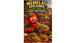 Funny red pepper mascot holding Oaxacan memelas topped with beans, queso fresco, salsa, avocado, cilantro, onions, and grilled meat.