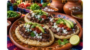 Authentic Oaxacan memelas topped with refried beans, queso fresco, salsa roja, avocado, cilantro, onions, and grilled carne asada on a traditional clay plate.