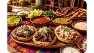 Family-style Oaxacan memelas served with grilled carne asada, grilled chicken, salsa roja, salsa verde, queso fresco, avocado, crema, cilantro, onions, and lime on a rustic outdoor table.