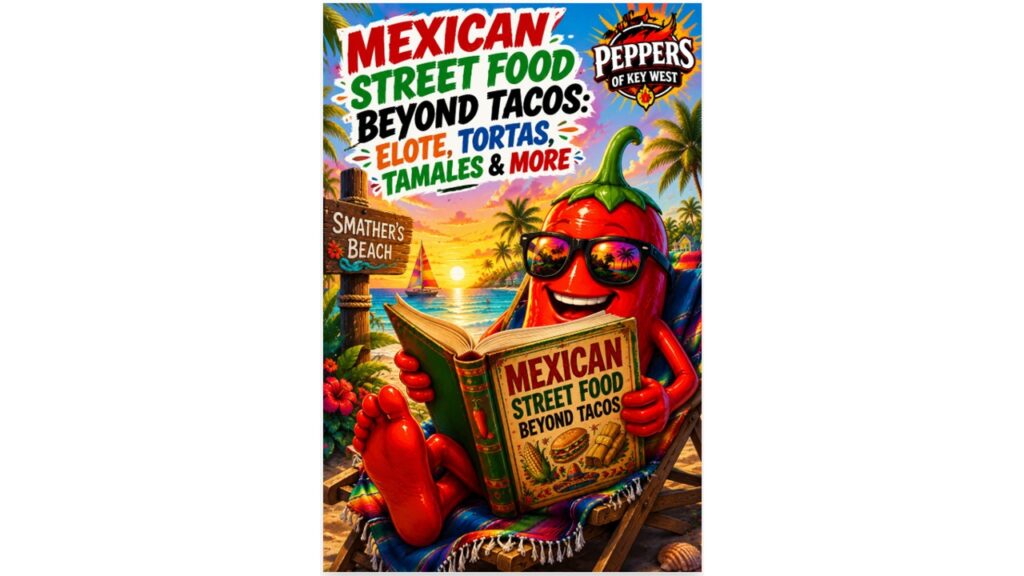 Mexican street food spread featuring elote, tortas, tamales, quesabirria tacos, hot sauces, and colorful authentic street food favorites