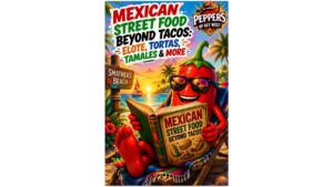 Mexican street food spread featuring elote, tortas, tamales, quesabirria tacos, hot sauces, and colorful authentic street food favorites