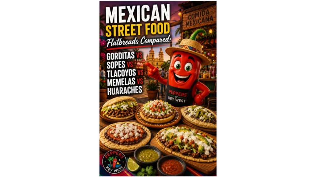 Authentic Mexican street food featuring gorditas, sopes, tlacoyos, memelas, and huaraches served together in a colorful outdoor market.