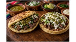Bean-filled tlacoyo, traditional Oaxacan memela, and loaded huarache with carne asada, avocado, crema, queso fresco, and salsa.