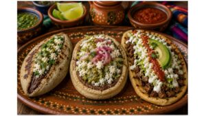 Bean-filled tlacoyo, traditional Oaxacan memela, and loaded huarache with carne asada, avocado, crema, queso fresco, and salsa.