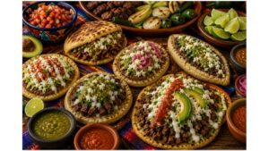 Colorful Mexican street food feast with gorditas, sopes, huaraches, fresh salsa, grilled meats, avocado, lime, and queso fresco.