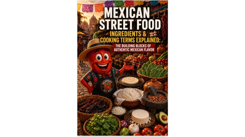 Mexican Street Food Ingredients & Cooking Terms Explained featured image with a Peppers of Key West red pepper mascot exploring an authentic Oaxaca market filled with traditional ingredients and cookware.
